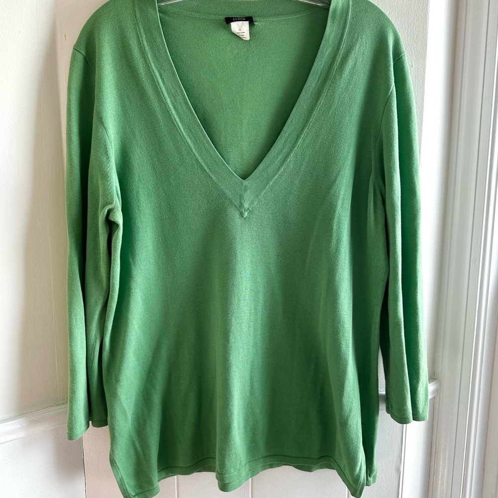 J. Crew Kelly Green Women’s V-Neck Lightweight Sweater Top 100% Cotton Size L